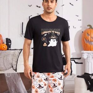 Mens Halloween Pajama Set Large Ghost Pumpkin Print Sleepwear